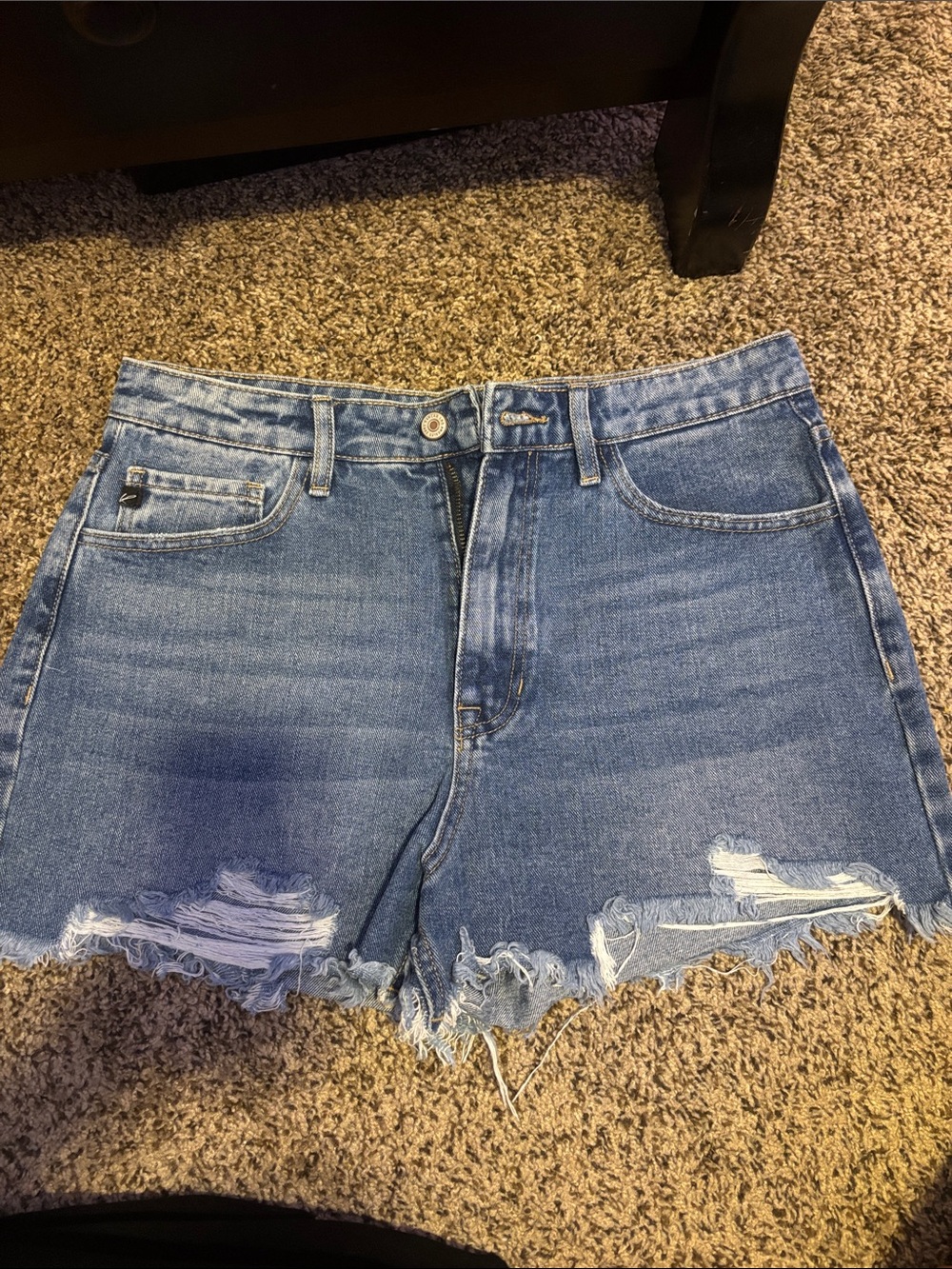 Kancan High-Rise Frayed Hem Denim Shorts in Blue